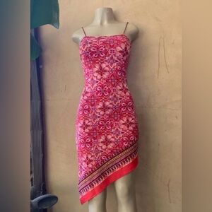 EVOLUTION Floral Red Beaded-Strap Dress, Handkerchief Hem, Small.EUC